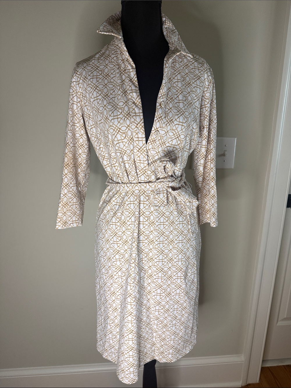 Cream & Gold Geometric Wrap Robe Dress